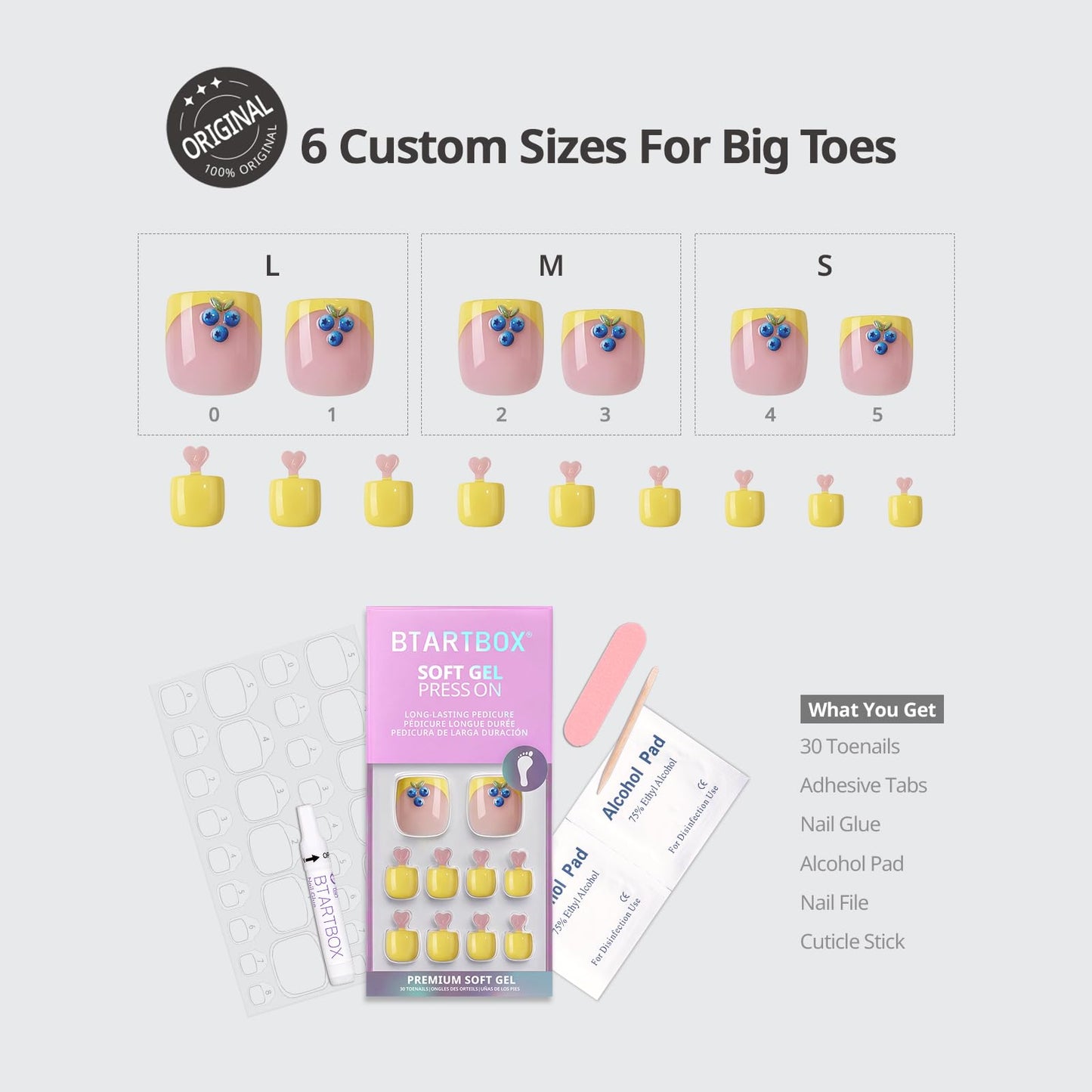 BTArtbox Press On Toenails Short - Blueberry Rain, Easy-to-Apply 3D Yellow French Tip Square Toe Nail Press Ons with Glue and Adhesive Tabs in 15 Sizes - 30 Toenails All-in-One Kit