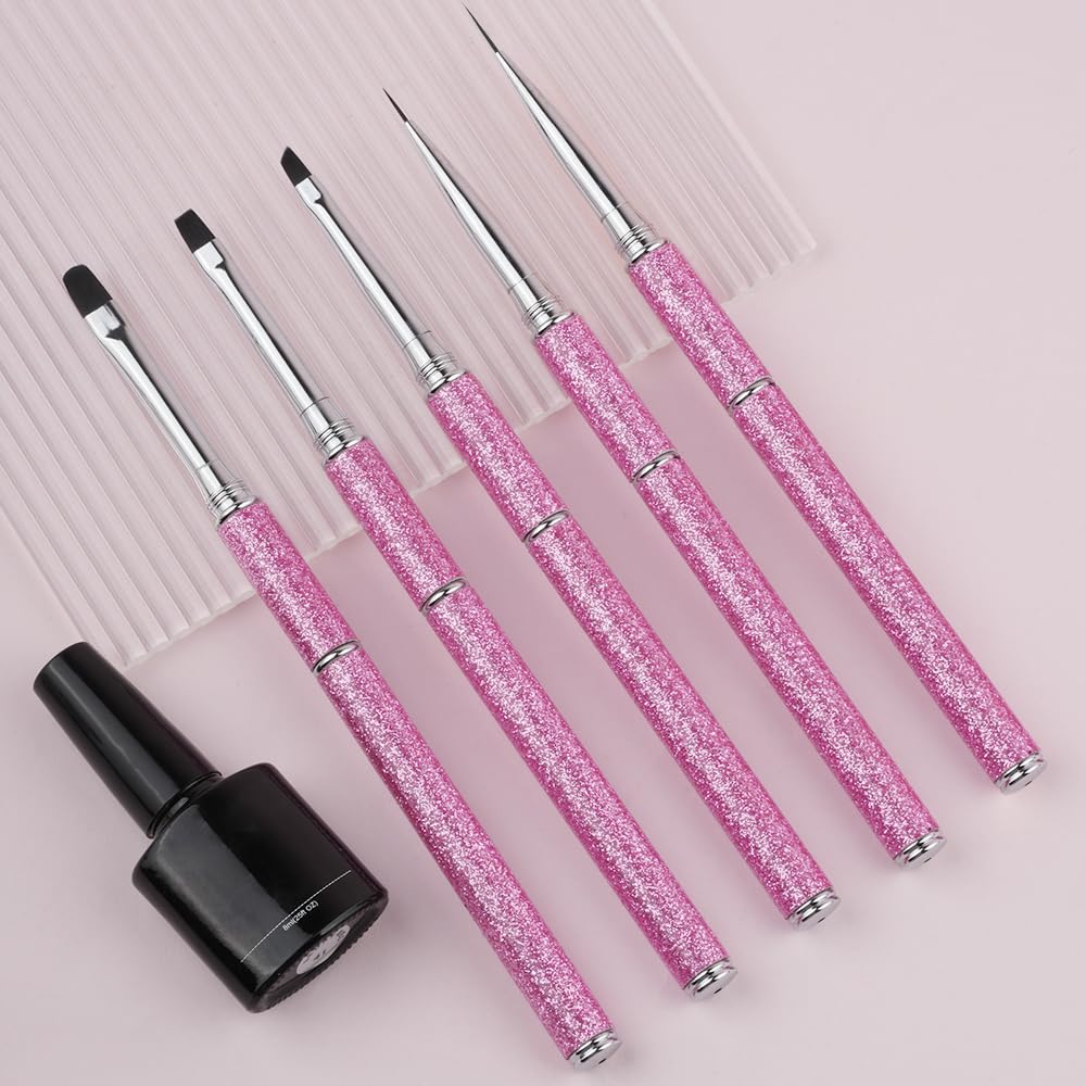 YIHUALE 5 PCS Nail Art Brush Set, Nylon Bristles and Alloy Handle, French Clean-Up, Detail Liner, Builder & Gel Brushes for Salon Home DIY Use (Pink)