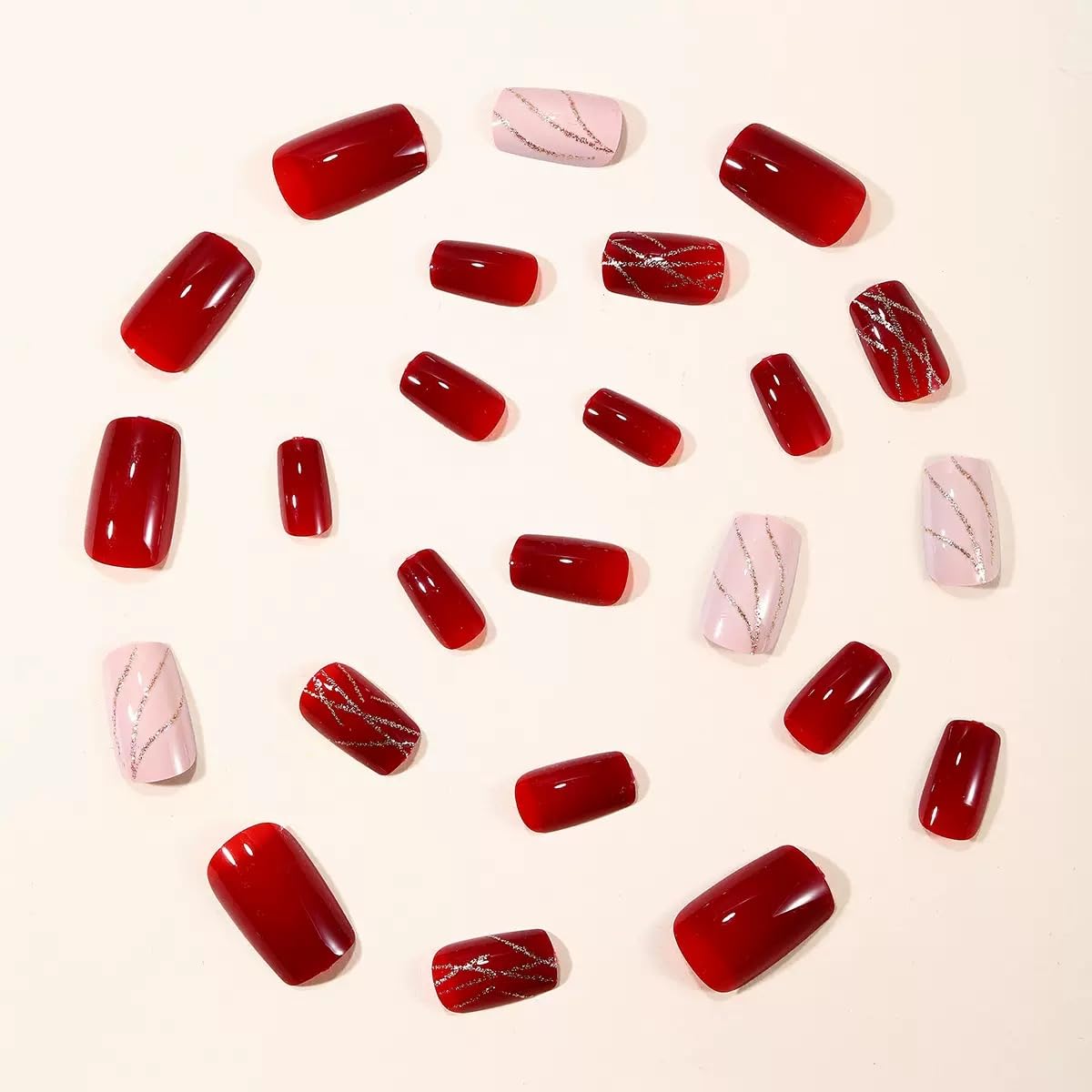 Red Press on Nails Square - Medium Fake Nails with Glitter Line Design - Glossy Full Cover Stick on False Nails - for Women 24 Pcs