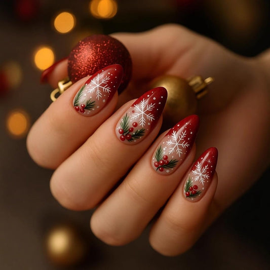 Red French Tip Christmas Press On Nails Medium Almond Fake Nails Snowflake With Holly Leaf Design Xmas False Nail Acrylic Glossy Reusable Stick On Nail Winter Glue On Nails For Women Girls 24pcs