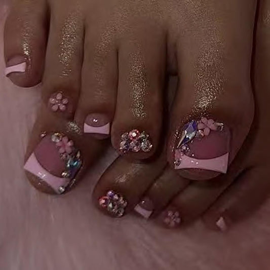 yefiuo Handmade Press on Toenails Pink French Toe Press on Nails Tips Kit Fake Toe Nails Press ons False Toenails Flower Rhinestones Acrylic Glue on Nails Stick on Nails for Women Nail Supplies 24Pcs