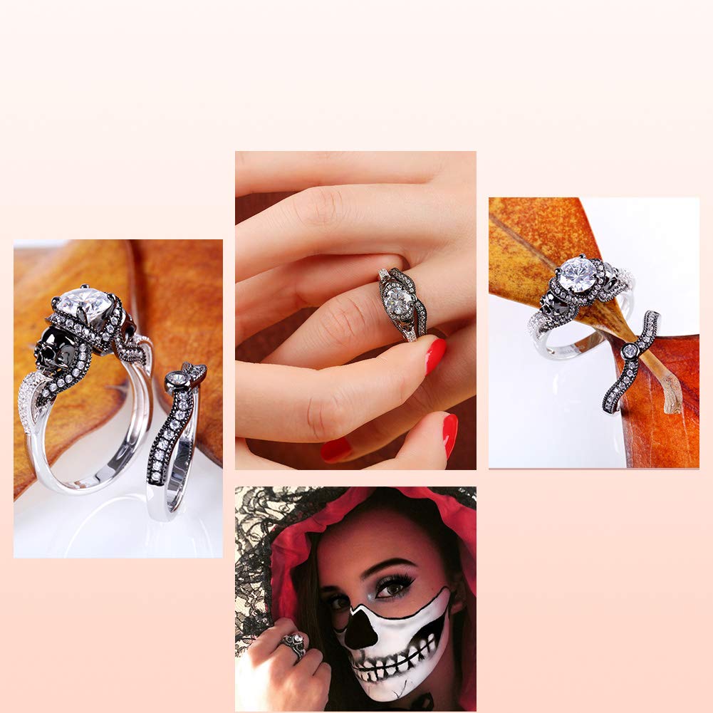 Jeulia 3.68 Carat Twist Skull Rings for Women Sterling Silver Two Tone Twist Band Rings White Diamond Bridal Ring Set Black Plated Engagement Promise Rings with Jewelry Gift Box (8)