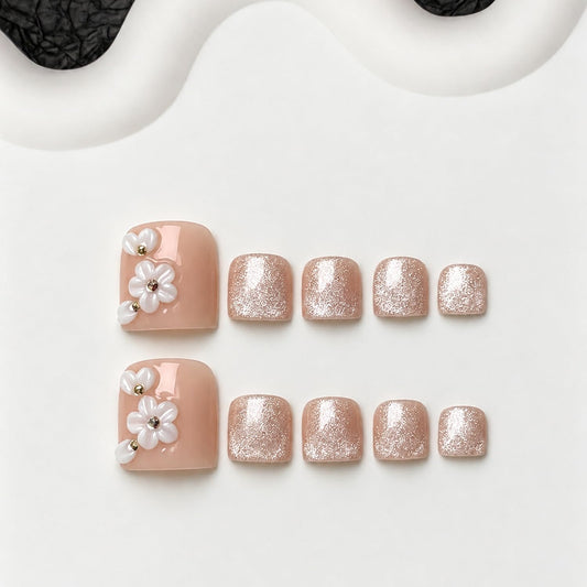 Handmade Press on Toenails Nude Short Square Fake Toenails with 3D Flower & Rhinestone Muti-Layer Gel Thick Stick on Toe Nail Glitter Full Cover Acrylic Nails for Women Daily Wear & Parties (M)