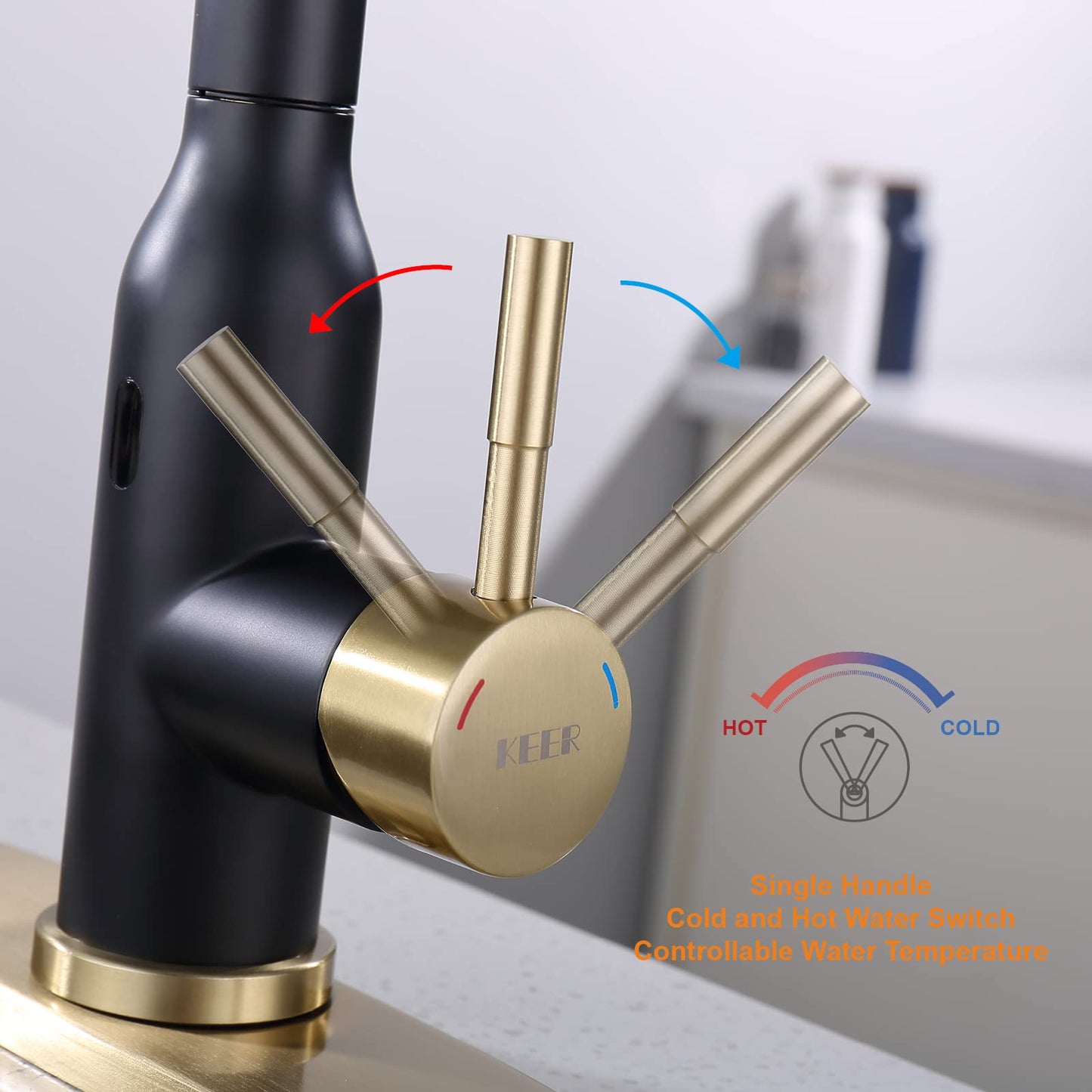 Touchless Kitchen Faucet ， KEER Smart Motion Sensor Hands Free Single Handle Spring Kitchen Sink Faucet with Pull Down Sprayer,Matte Black Gold