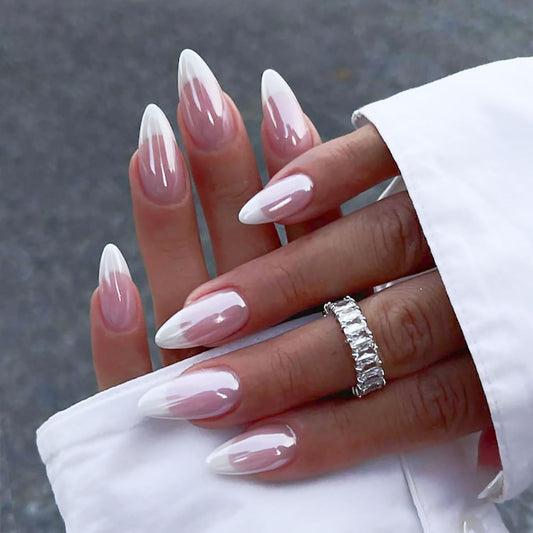 24 Pcs White French Tip Press On Nails Medium Almond Glossy Fake Nails Nude Pink Acrylic Glue On Nails Reusable Elegant Minimalist Nail Art for Women