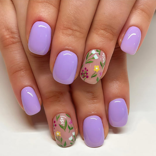LINMEIZAI Press on Nails Short Square Spring Small Flower Glossy Acrylic Fake Nails Press ons Glue on False Nails for Women Reusable Cute Manicure Set Purple Stick on Nails French Tip Kit 24Pcs