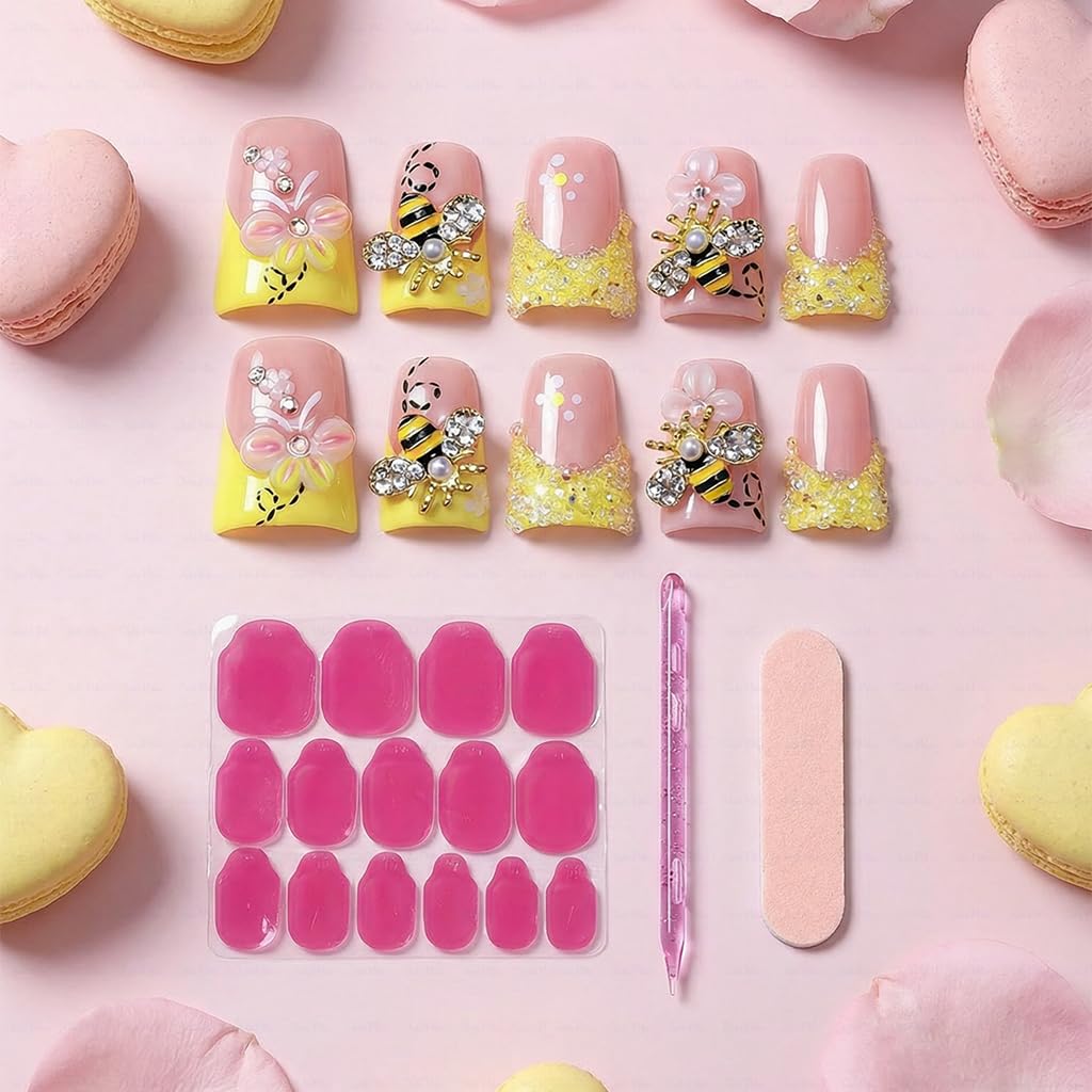 IntoVibes Handmade Short Duck Press On Nails, Precious Bee, 10 Pieces Reusable Acrylic False Nails, Size Medium