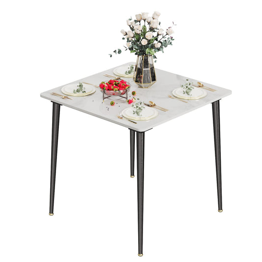 Wisfor Sintered Stone Dining Table: 32 Inch Square White Kitchen Breakfast Table with Black Metal Legs - 30 Inch High Restaurant Table for 4