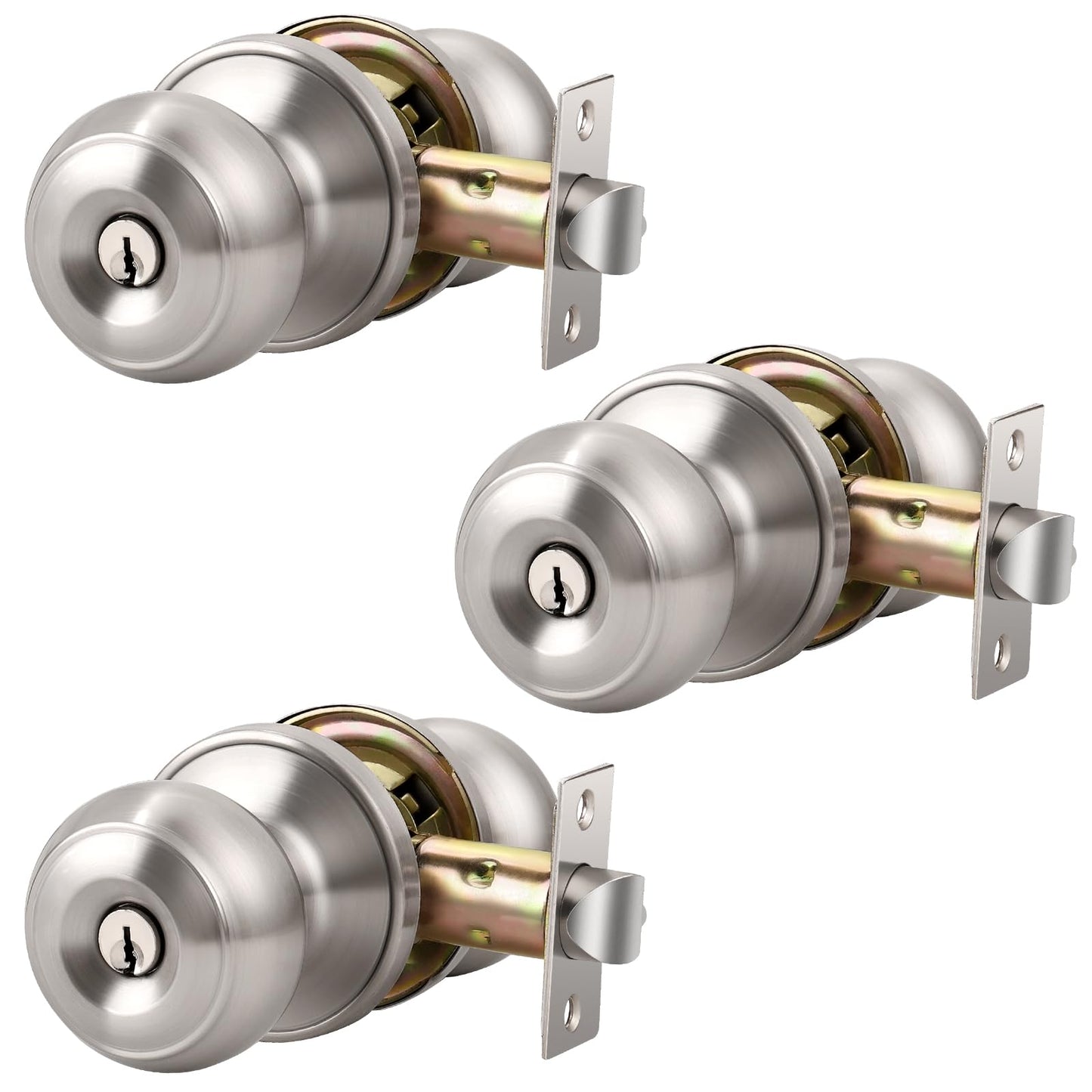 KNOBWELL 3 Pack Brushed Nickel Door Knob with Lock and Key, Keyed Alike, Exterior Keyed Door Knobs Lock with Same Keys in Solid Stainless Steel for Entrance and Front Door, Round Ball Handle