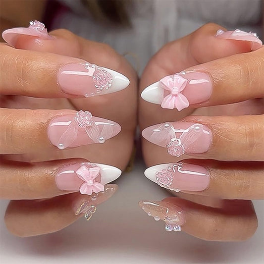 CTTHNBD Press on Almond Nails - Medium Fake Nails with Bow Flower Charms Design - White French Tip False Nails for Women 24 Pcs