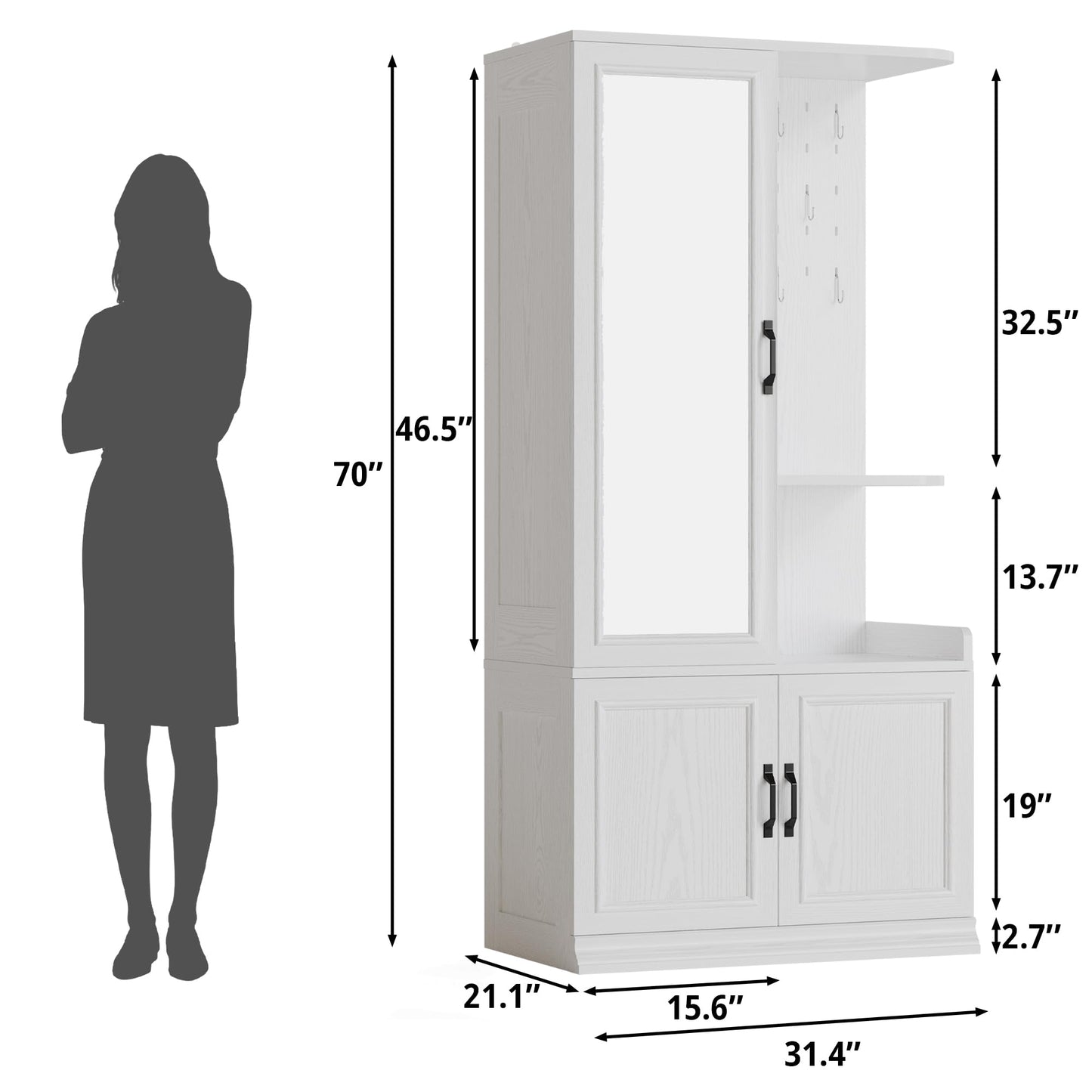 LIKIMIO Armoire Wardrobe Closet, 70" H Wooden Bedroom Armoire with Mirror, 2 Cabinet, Pegboard and a Open Shelf, Large Freestanding Clothing Storage Cabinet with 3 Doors, White