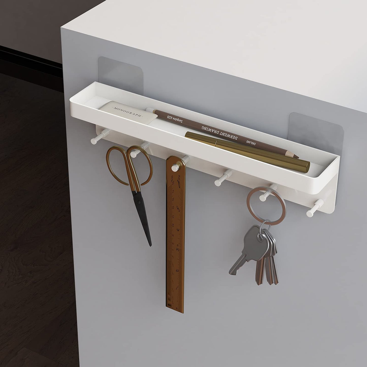 MKO Key Holder for Wall, Mail Organizer and Key Rack Wall Mount with Tray & 6 Hooks for Hallway (White)