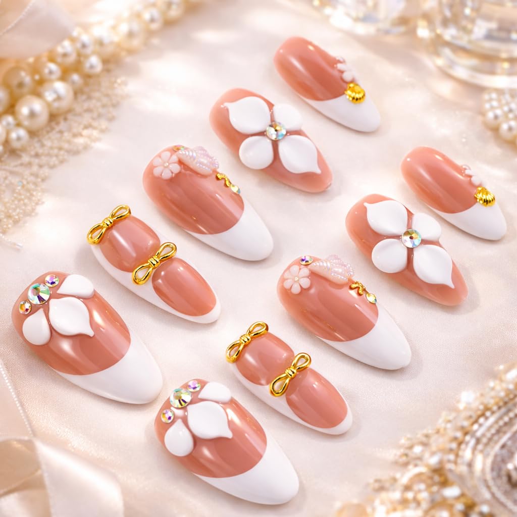 IntoVibes 10 Pieces Handmade Press On Nails Medium Almond, White Thickened French False Nails, 3D Flowers And Sea Shells, Reusable Fake Nails Almond, Reusable Acrylic Nails (M)