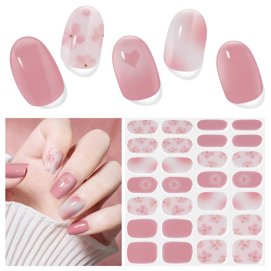 DUKASOU Semi Cured Gel Nail Strips,28 Pcs Flowers Gel Nail Stickers Wraps,Long Lasting Polish Strips with UV Light Requried, Easy to Apply (Pink Love)
