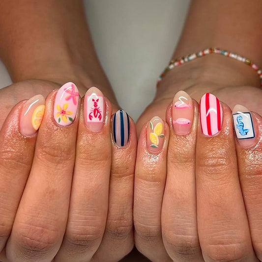 Summer Flower Press on Nails Ocean Almond Fake Nails with Shrimp & Fish Designs Starfish Full Cover Stick on Nails Red Blue Stripe Medium Length False Nails Summer Glue on Nails for Women