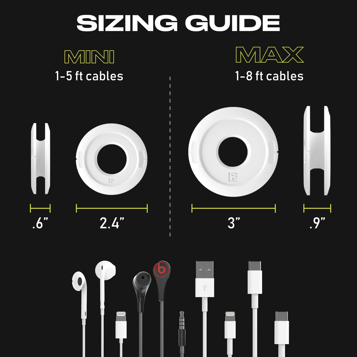 Side Winder Mini and Max Headphone, Earbud and Charging Cable Winder and Organizer Perfect for Wrapping Earbuds and Cords for Travel and Organization 2-Pack (Black, Mini)
