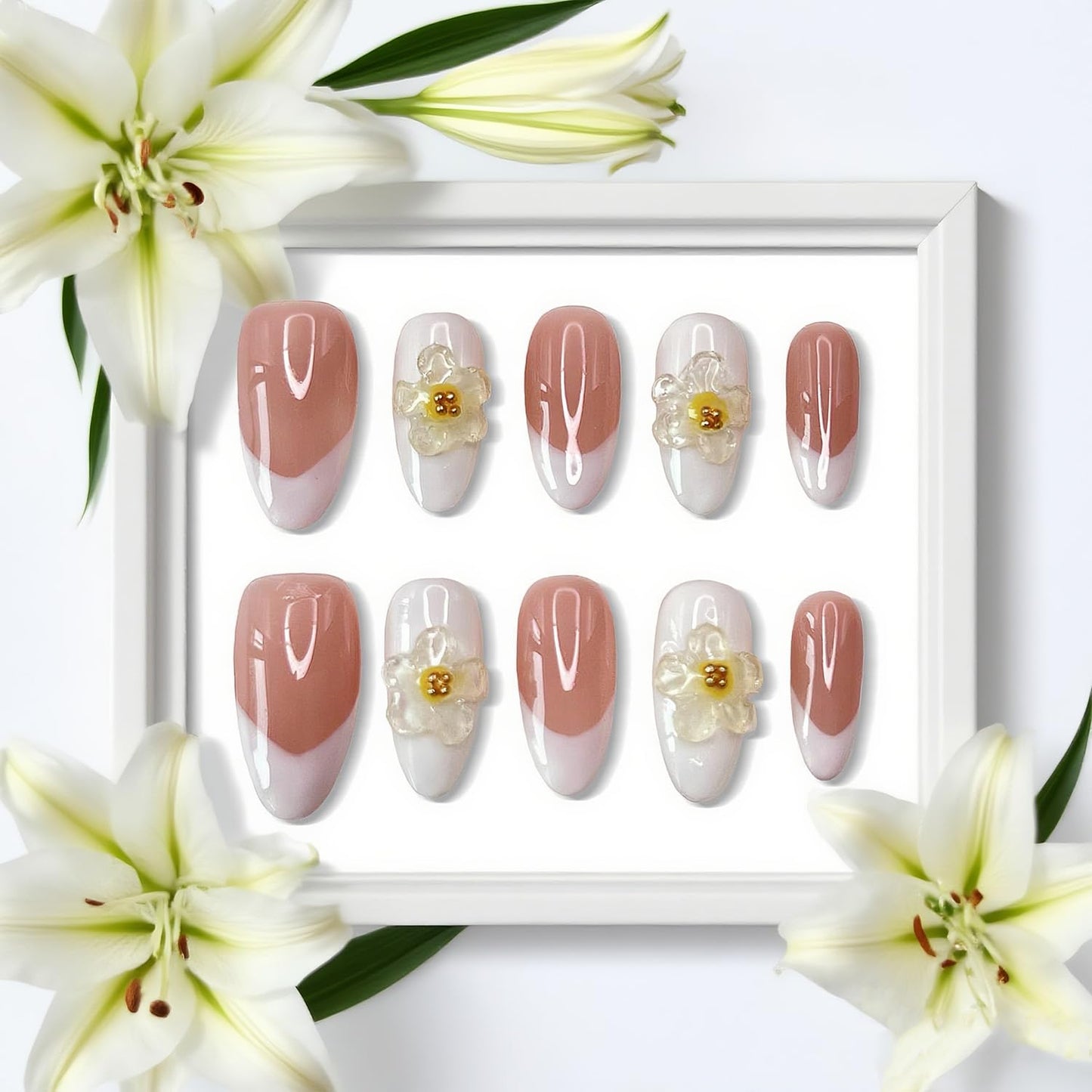 Handmade Press on Nails Medium Almond Fake Nails Press Ons White 3D Luxury Elegant Flower Full Cover Stick on Nails Glue on Nails for Women Girls Manicure (Clear White M)