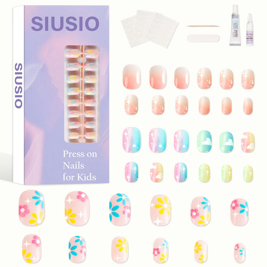 SIUSIO 3Pack Children Acrylic Fake Nails, 72pcs Press on Full Cover Gradient Color Rainbow Short False Nail Art Kits Set with Sticker Tabs Nail Glue Gel for Kids Little Girls Women - Rainbow Nebula