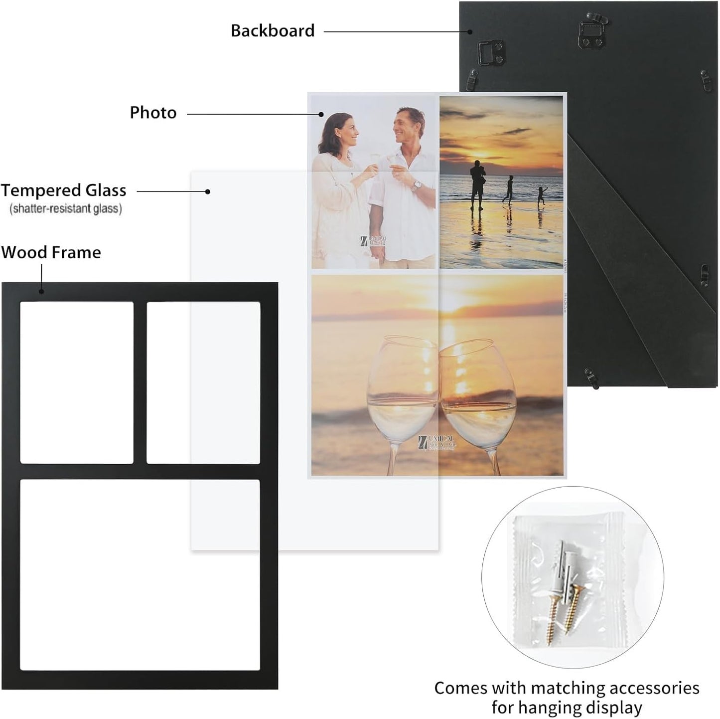 UMICAL Collage Picture Frame for 8x10 and 2 5x7 Pictures Display with Shatter-Resistant Glass & Black Wood 3-Openings Photo Frames Made for Tabletop Stand and Wall Mounting