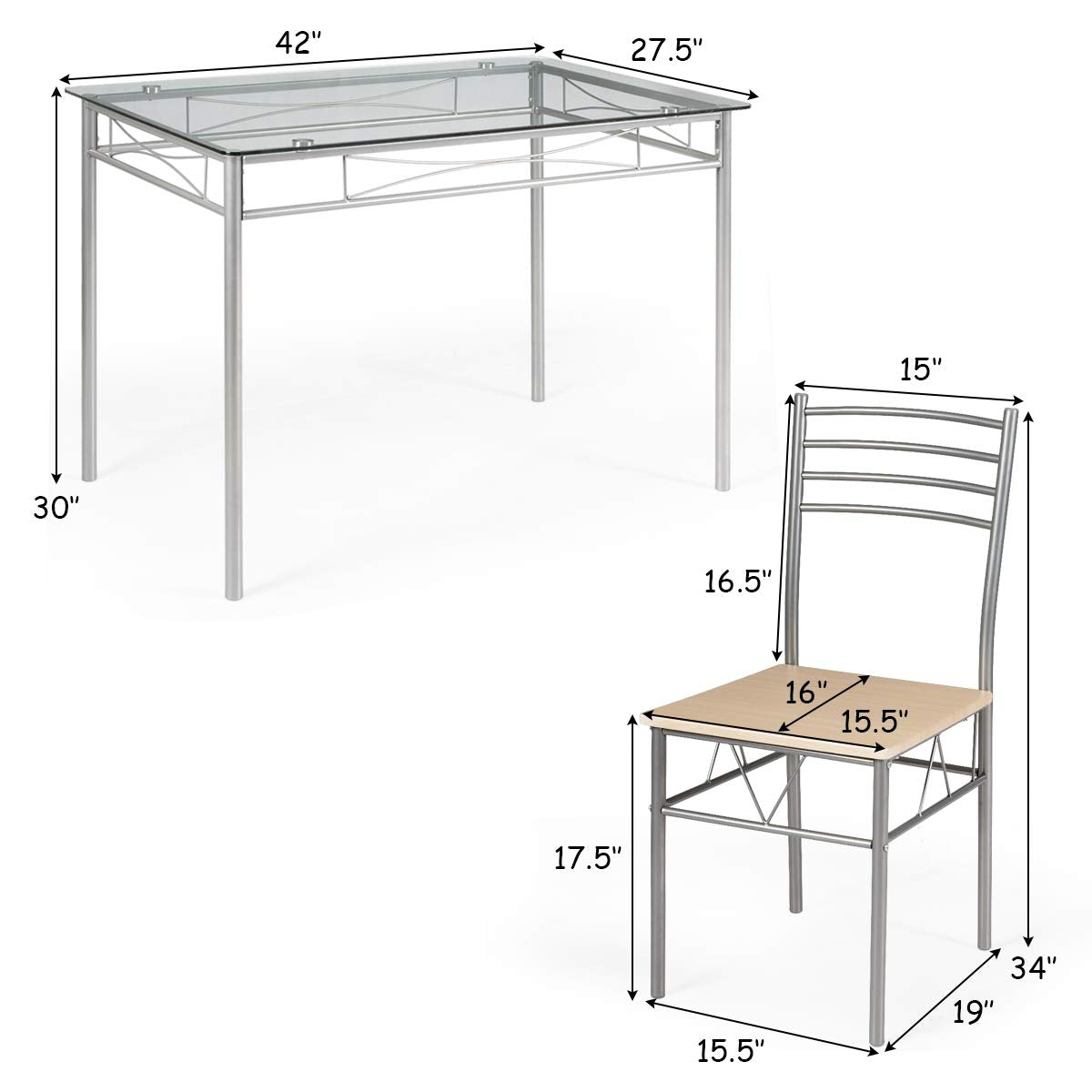 Giantex 5 Piece Dining Table Set, Kitchen Dining Set with Tempered Glass Table Top and 4 Chairs, Dinette Set for 4 for Breakfast Nook Dining Room Kitchen (Transparent)