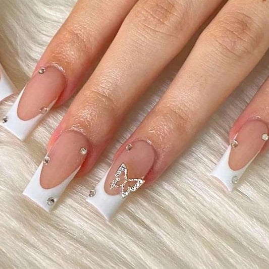 WAFOLOZE Nails Press ons,White French Tip Press on Nails Long Fake/False Nail with Butterfly Nail Charms Press ons Designs Gloss Acrylic Artificial Stick on Nail for Women 24Pcs