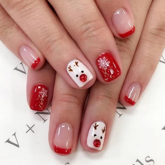 24Pcs Christmas Press on Nails Short Square Red French Fake Nails with Elk Snowflake Design Red White Full Cover Artificial Acrylic Nails Xmas Winter Stick on Nails for Women DIY Manicure Decoration