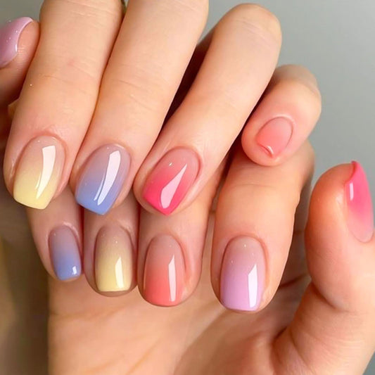 24Pcs Short Press on Nails RTKHFZE Square Fake Nails with Color Gradient Designs Artificial Nails Glossy False Nails Stick on Nail for Women and Girls