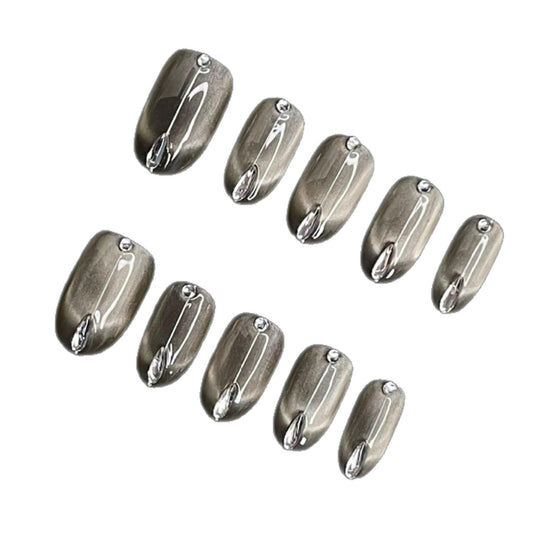 Fake Nails Short Chrome, Press on Nails, Matte Silver Gray Metallic with Transparent Drop & Round Gems, Elegant Oval Shape for Women & Girls (S)
