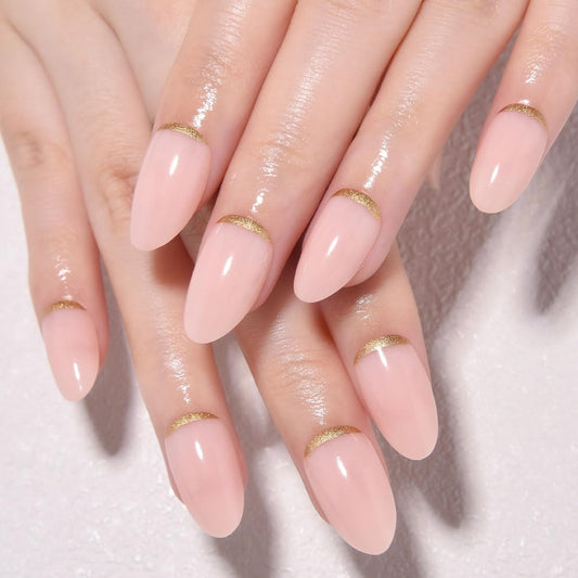 evpct Nude Pink French Press on Nails Short Almond, Short Gold Foil Stick on Nails for Women Gift,Nude Pink Glossy Fake Nail Reusable Soft Gel Press on Acrylic Fake Nail kit with Gold Line Design
