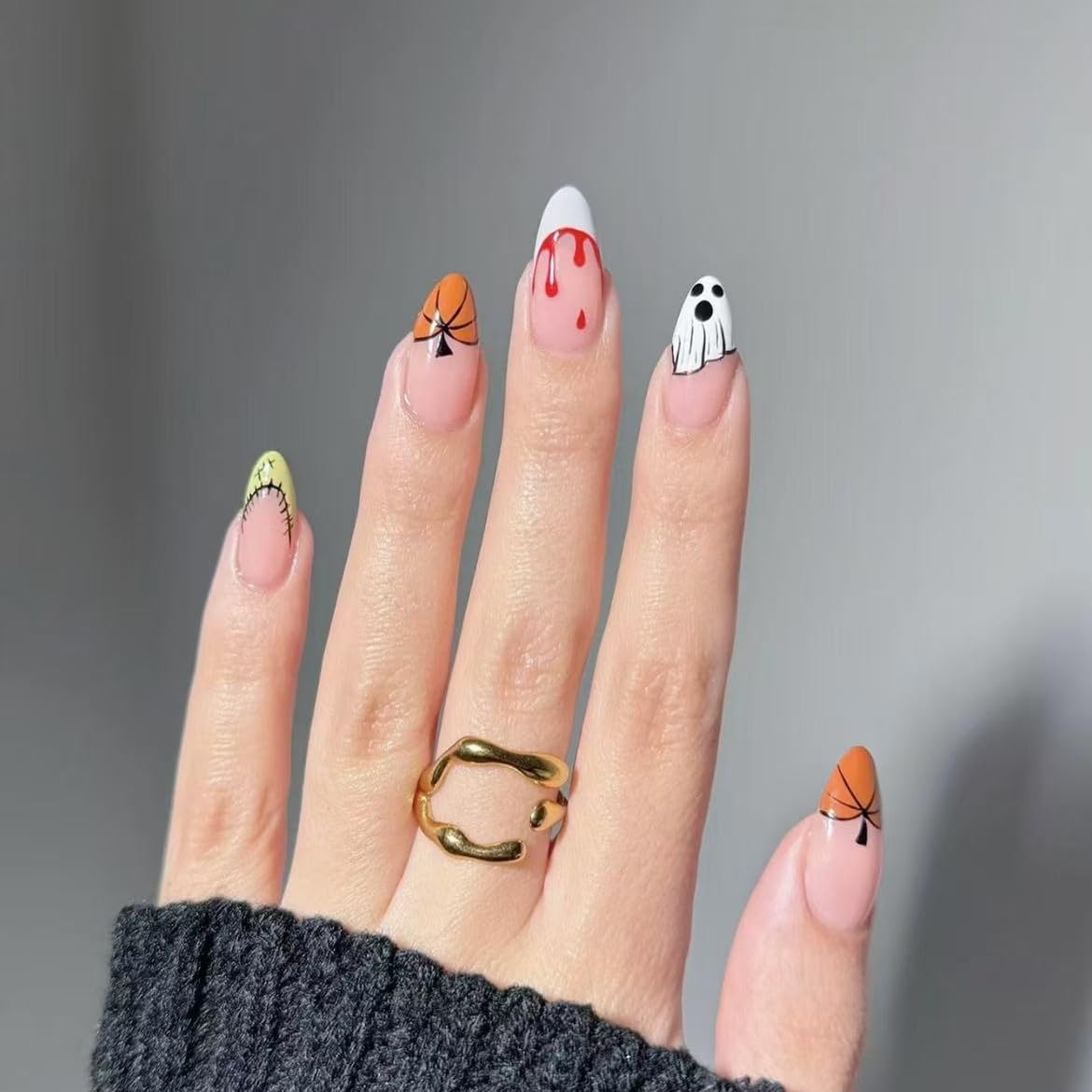 10pcs Halloween Press on Nails Short Fake Nails with Ghost Pumpkin Design Almond Nails Glitter False Nails Halloween Full Cover Cute Stick on Nail for Woman Tool Kit Nail (MT-150-M)