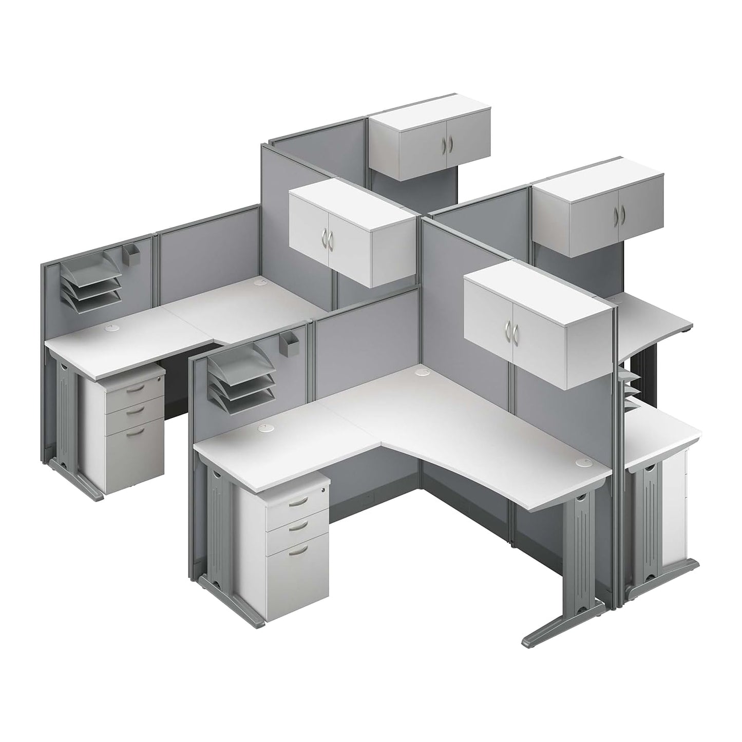Bush Business Furniture Office in an Hour 4 Person L Shaped Cubicle Desks with Storage, Drawers, and Organizers in Pure White