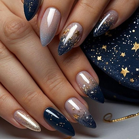 XZMeiLun Spring Fake Acrylic Press On Nails – Starry Sky Designer False Nails Medium Almond, Salon Quality, Glossy Reusable Stick-On Nails for Weddings, Outdoor Picnics & Parties | Gift for Women