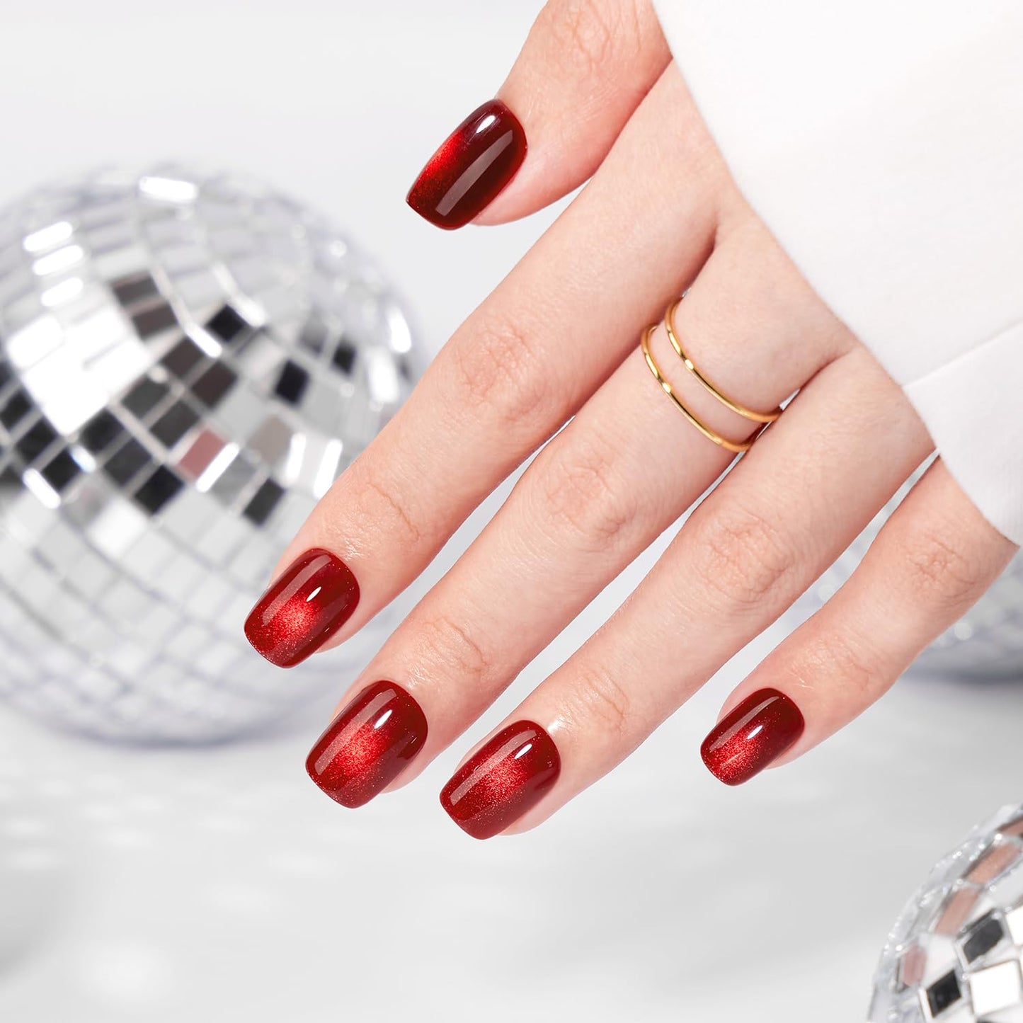 VSALON Press on Nails Short Square - Burgundy Red Cat Eye Glitter Fake Nails, Reusable Opaque Gel Magnetic Effect Fake Nails with Glue & Cuticle Oil - 32 PCS in 16 Sizes