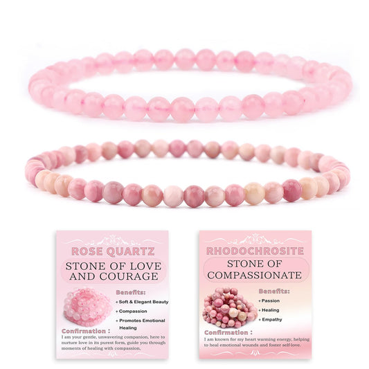 NCB 2-Piece 4mm Natural Crystal Gemstone Stretch Bracelets – ﻿Pink Quartz, Rhodochrosite Handmade Reiki Energy Healing Jewelry for Meditation,Yoga, Unisex