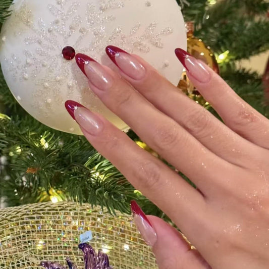 Handmade Red French tip Press on Nails Christmas long style Almond Fake Nails with Glue Full Cover Glossy False Nails Stick on Nails for Women Manicure Aurora Powder Decoration 10PCS (MT-124-S)