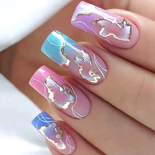 Vezocim Acrylic Square False Nails Sets, 24Pcs Pink Gradient Press on Nails Medium Coffin with Gold White Line Designs, Glossy Full Cover Artificial Fake Nails Glue Fingernails with Charm for Women