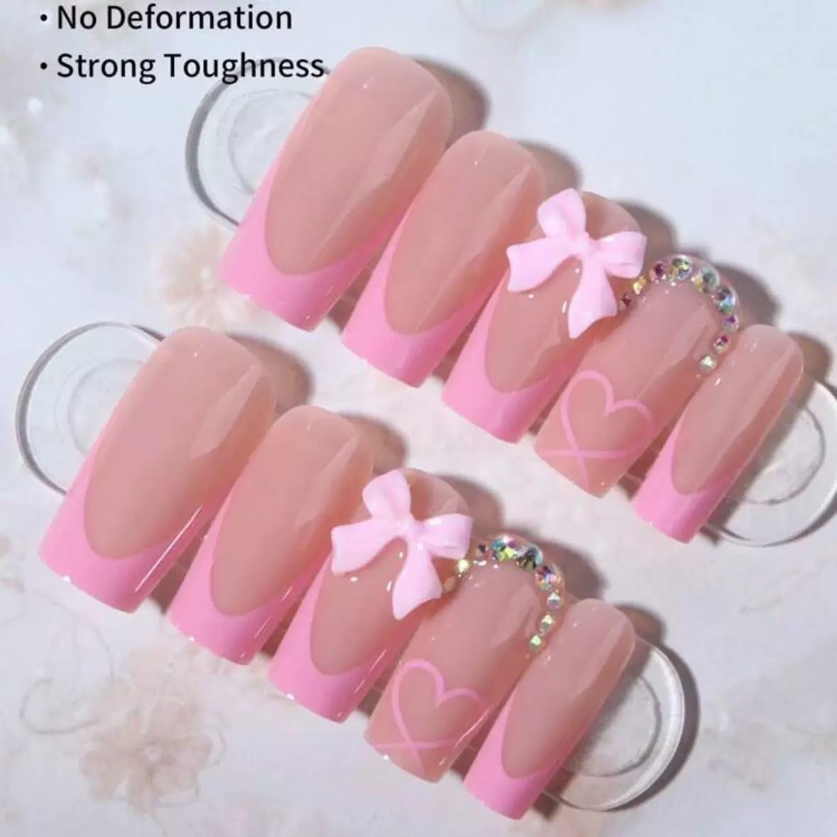Pink French Tip Press on Nails - Medium Coffin Fake Nails with Bow Charms Design - Heart False Nails Press ons - for Women 24 Pcs