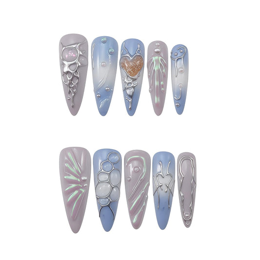 WZHAOJUN Handmade Y2k Press On Nails - Blue Pink Ombre Fake Nails With 3d Silver Metal Irregular Lines, Glitter Heart Rhinestone Luminous Acrylic False Nails