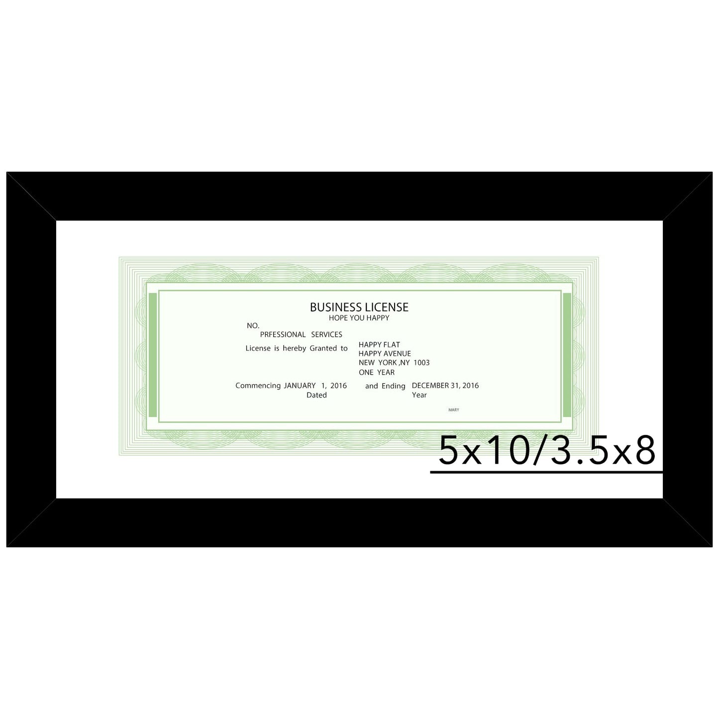 JCJMY 5x10 Business License Frame Black for 3.5x8 Standard Business License with Mat or 5 x 10 Picture without Mat, 5x10 Frame with Shatter Resistant Plexiglass for Wall Hanging or Tabletop, Black