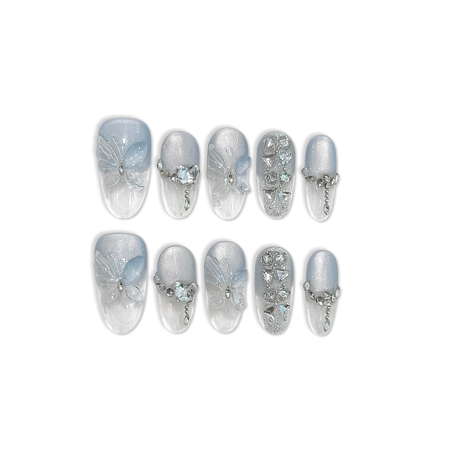 TENPAL Cat Eye Press on Nails 10Pcs Full Kit - Short Oval Icy Ocean Gradient False Nails, 3D Butterfly Rhinestone Spring Summer Fake Nails, Ethereal Glue on Nails for Girls Glitter Shimmer Design(S)
