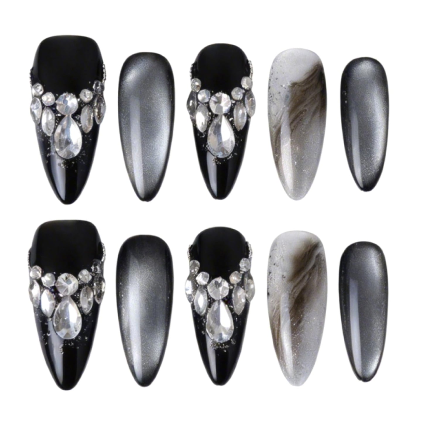 SILPECWEE 10PCS Almond Press On Nails, Black Cat Eye Fake Nails Crystal Rhinestone Nail Charms Medium Handmade Acrylic Press On Nails for Women Gel Flase Nails Manicure Supplies