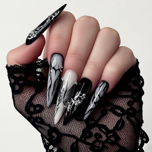 LTXHZYYL Black Press on Nails, 24 Pcs Long Black Almond Nails with Gothic Butterfly & Heart Design【Upgraded 】Reusable Full Cover False Nails Kit with Nail Glue (Dark Fantasy)