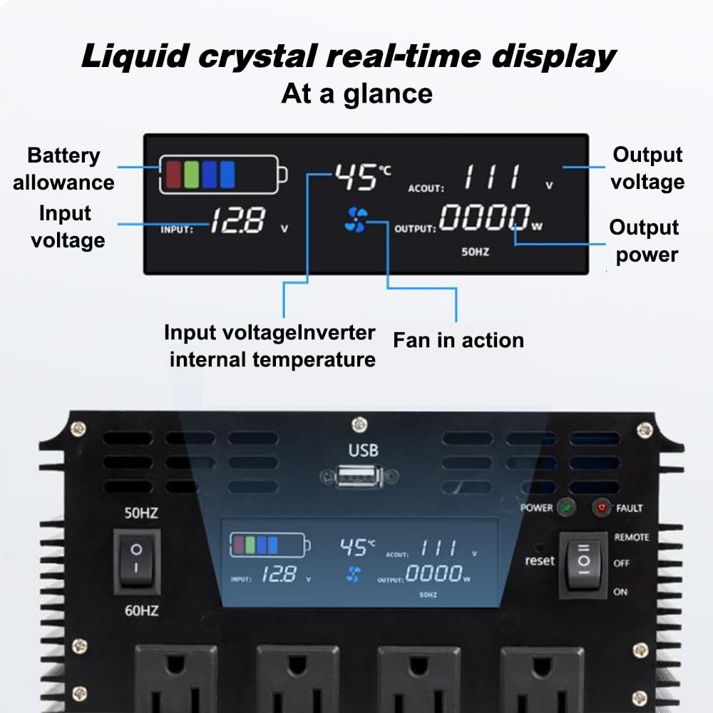 3000 Watt Pure Sine Wave Power Inverter, 12V DC to 110V/120V AC Converter 6000W Peak, with Remote Control LCD, 4 AC Outlets & USB Port & Hardwire Terminal, for Car Truck RV Camping Solar System EPS