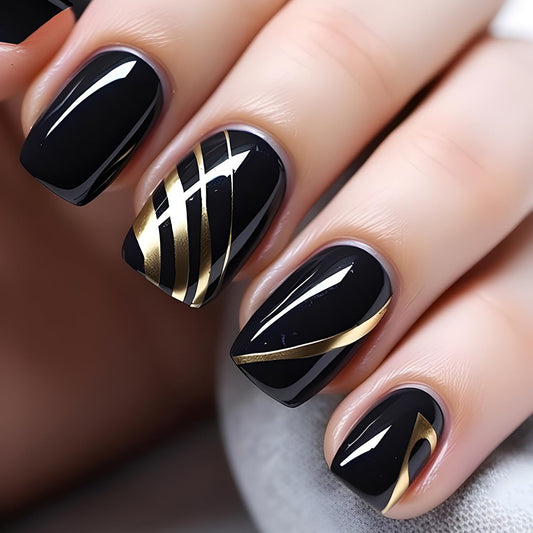 Press On Nails - Short Black False Nails with Gold Lines Design, Square, Full Cover, Glossy Acrylic, French Artificial, Reusable Glue on Nails for Women's Manicure Kit