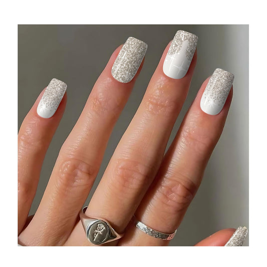 DUKASOU Semi Cured Gel Nail Strips,28 pcs Sparkling Gold Gel Nail Stickers with UV Light Required,French Full Over Wraps Nail Art Stickers, Easy to Apply（French Gold）