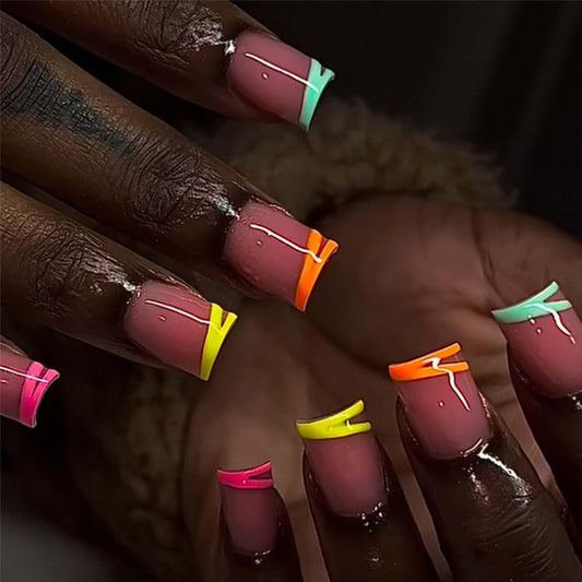 Square Press On Nails Short Fake Nails Colorful French Tip False Nails With Design Full Cover Acrylic Reusable Glue On Nail Artificial Glossy Cute Stick On Nail For Women Manicure 24pcs