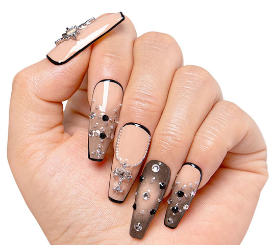 LOVFUL Reusable Press on Nails | Noir Halo | Salon Quality Sustainable Style Handmade with Full Covered Crystals | Coffin Classic Regular 1.3 in | H480-M