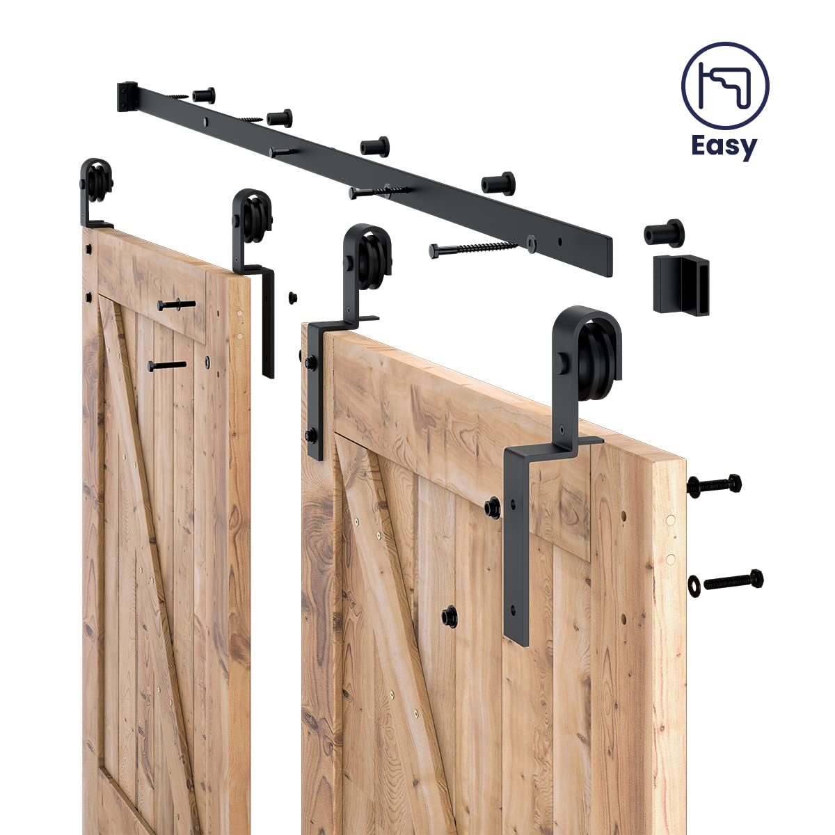 SMARTSTANDARD 6.6 Feet Bypass Sliding Barn Door Hardware Kit - for Double Wooden Doors-Single Track - Smoothly & Quietly - Easy to Install-Fit 67" Opening