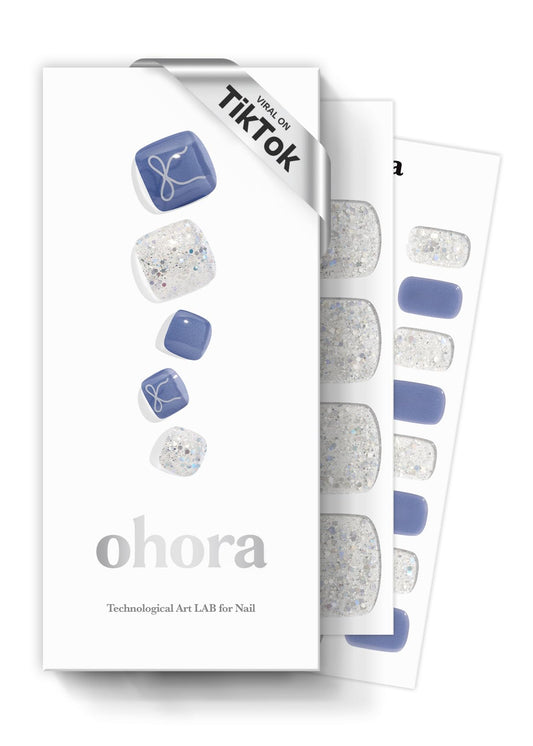 ohora Semi Cured Gel Pedi Strips (P Lavo Dress) - Blue, White, Works with Any UV/LED Lamps, Salon-Quality, Long Lasting, Easy to Apply & Remove - Includes 2 Prep Pads, Nail File & Wooden Stick