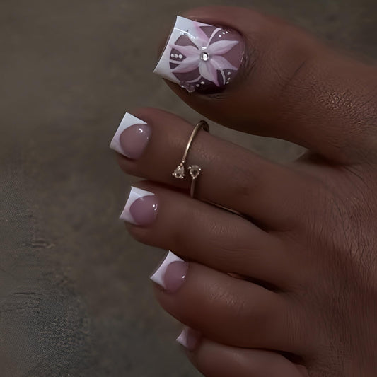 French Tip Press on Toenails Short Square Fake Toe Nails Flower Toenail Press Ons Glossy False Toenails White French Tip Glue on Toe Nail Acrylic Full Cover Stick on Toenail for Women Set 24Pcs